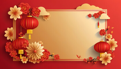Papercut Lunar New Year - Red Lanterns and Blossoms