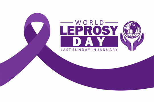World Leprosy Day banner with a purple ribbon, globe held by hands, and bold text. Vector illustration with a white background. - Powered by Adobe