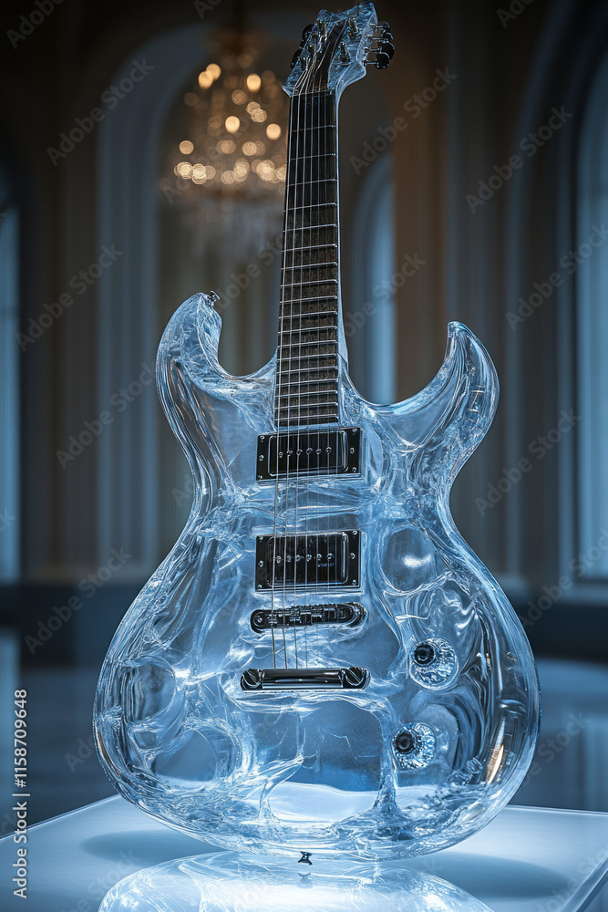 Poster a futuristic guitar with holographic strings and a translucent body, placed on a smooth, monochromat