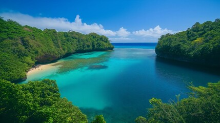 Obraz premium Tropical Paradise: Crystal Clear Water, Lush Vegetation, and Tranquil Beaches on a Remote Island, Offering a Serene and Idyllic Coastal Getaway