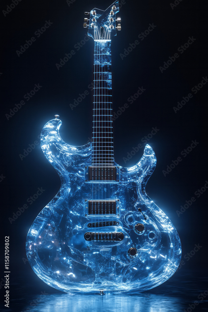 Poster a futuristic guitar with holographic strings and a translucent body, placed on a smooth, monochromat