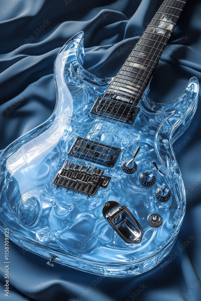 Poster a futuristic guitar with holographic strings and a translucent body, placed on a smooth, monochromat