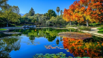 Autumn Serenity: A Tranquil Lake Surrounded by Vibrant Foliage, Colorful Tree Reflections, and Peaceful Park Views, Capturing Nature's Seasonal Beauty