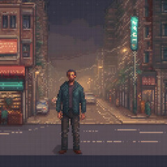 Pixel art image man standing city street cars buildings streetlights background