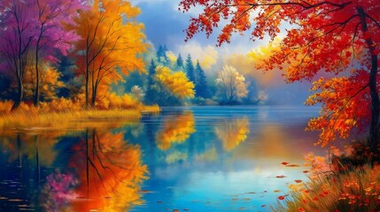 Autumn Reflections: Vibrant Foliage and Colorful Trees Mirrored on a Serene Lake at Golden Hour, Capturing the Beauty of Seasonal Change
