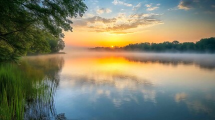 Fototapeta premium Serene Sunset Over the River: A Peaceful Reflection of Trees and Clouds with Calm Waters, Golden Hour Light, and Tranquil Natural Beauty