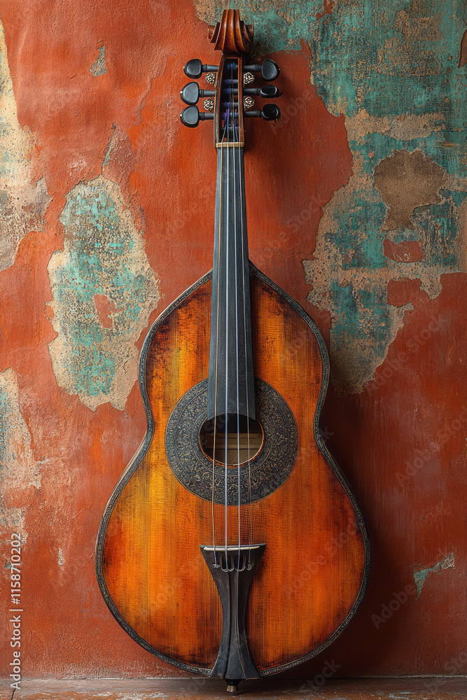 Poster a traditional string instrument with a crescent-shaped body and silk strings, positioned on a warm t