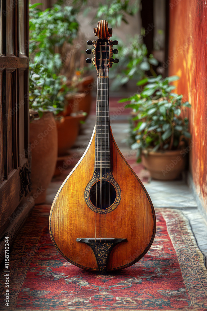 Poster a traditional string instrument with a crescent-shaped body and silk strings, positioned on a warm t