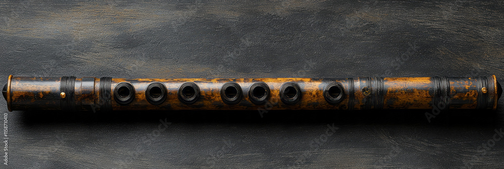 Aufkleber A conical flute with multiple chambers that create harmonic overtones, placed on a smooth charcoal gray background for contrast,