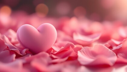 Obraz premium Pink heart with rose petals on blurred background. Romantic holidays and floral decor concept. For Valentine's Day, weddings. Digital illustration for wallpaper, banner with copy space