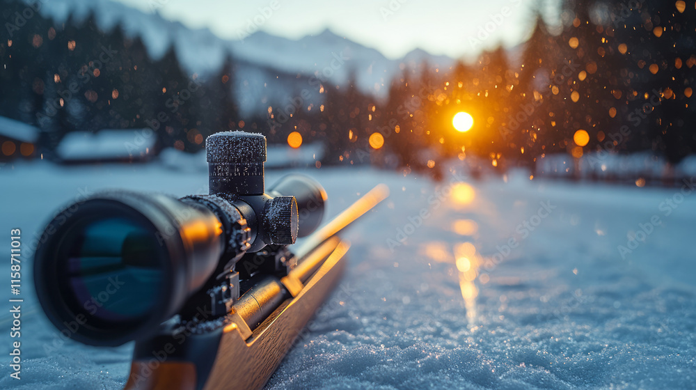 Poster a close-up of a biathlon rifle resting on a shooting mat, with a snow-covered range and targets in t