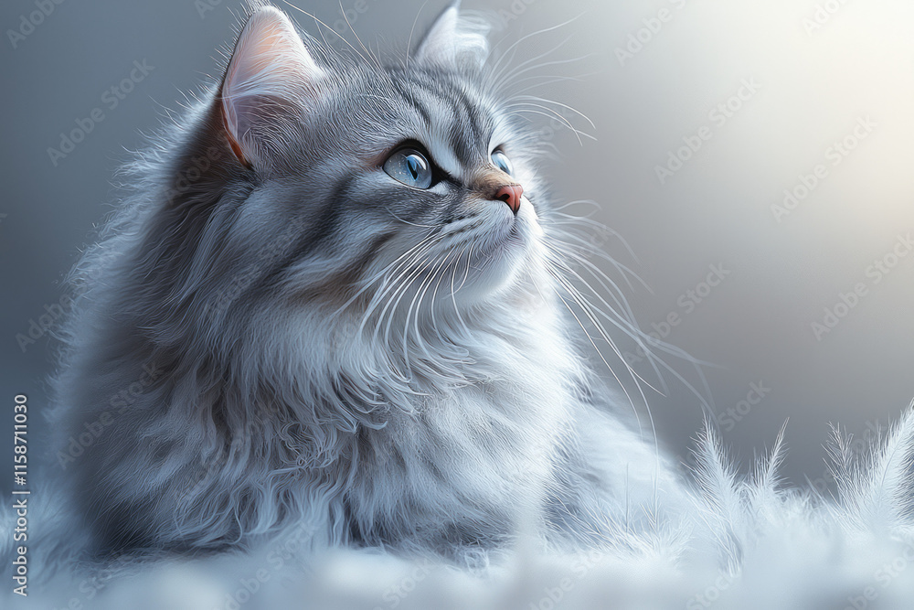 Poster a fluffy cat sitting calmly in the center, surrounded by scattered tufts of fur, on a smooth pastel 