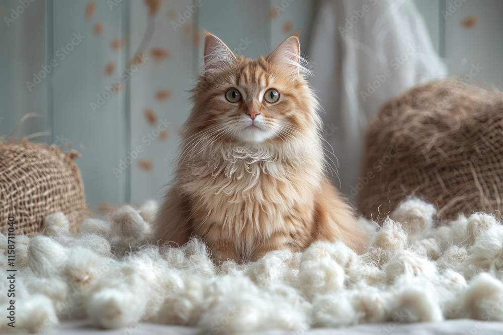 Poster a fluffy cat sitting calmly in the center, surrounded by scattered tufts of fur, on a smooth pastel 