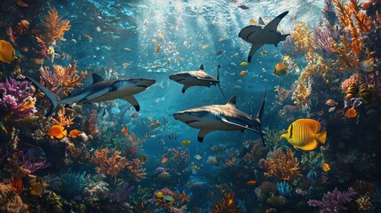 Fototapeta premium Sharks swimming in vibrant coral reef.