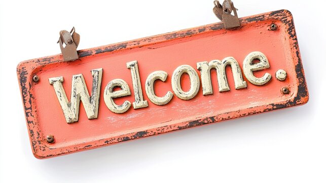 Welcome sign isolated on white. "Welcome." close up