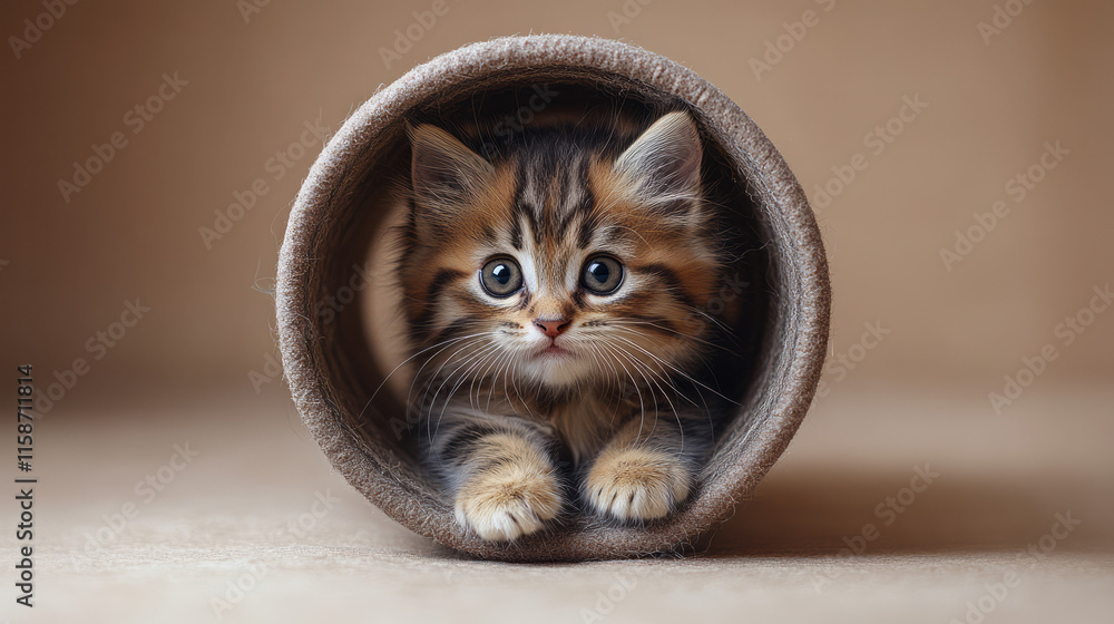 Poster A curious kitten trying to keep up in a rotating exercise wheel, its paws gripping the surface, placed on a plain beige background to emphasize its playful determination,