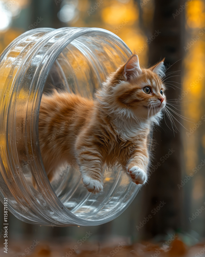 Poster A side profile of a streamlined cat in full stride within a modern exercise wheel, with subtle motion blur on the wheel, against a vibrant yellow background to convey energy and fun,