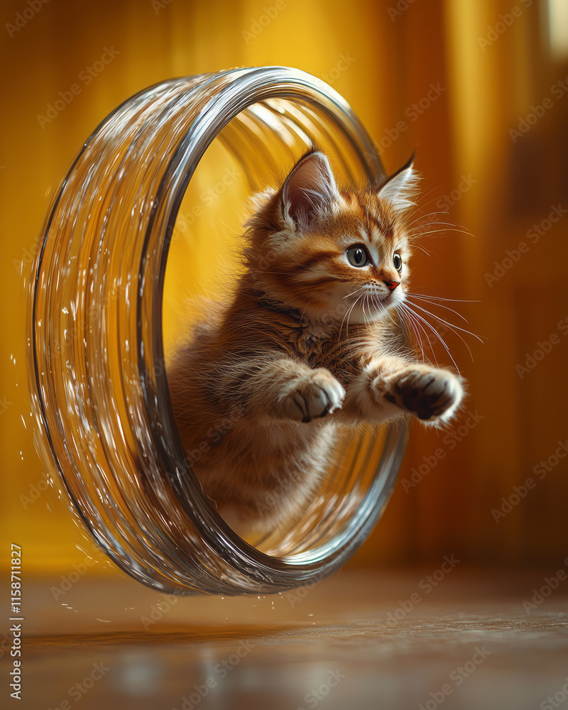 Poster A side profile of a streamlined cat in full stride within a modern exercise wheel, with subtle motion blur on the wheel, against a vibrant yellow background to convey energy and fun,