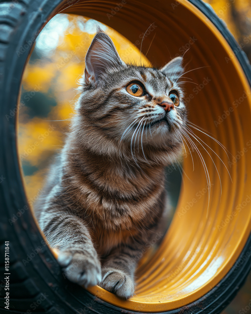 Poster A side profile of a streamlined cat in full stride within a modern exercise wheel, with subtle motion blur on the wheel, against a vibrant yellow background to convey energy and fun,