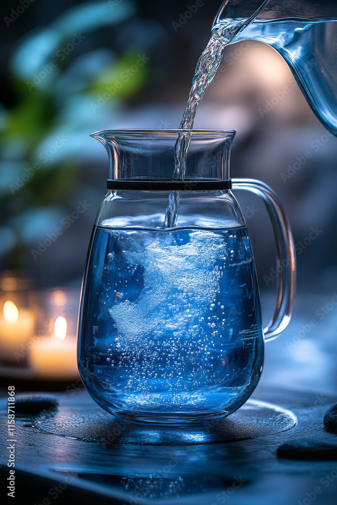Aufkleber A sleek modern pitcher with water being poured in and visibly filtered through, set on a plain gradient blue background to evoke freshness,