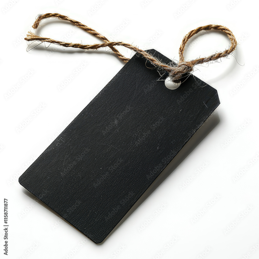 Aufkleber a blank black tag with a twine loop, often used for labeling or pricing items. isolated on white bac