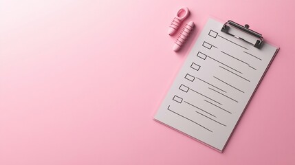 Pink clipboard with checklist and hair clips on pink background.