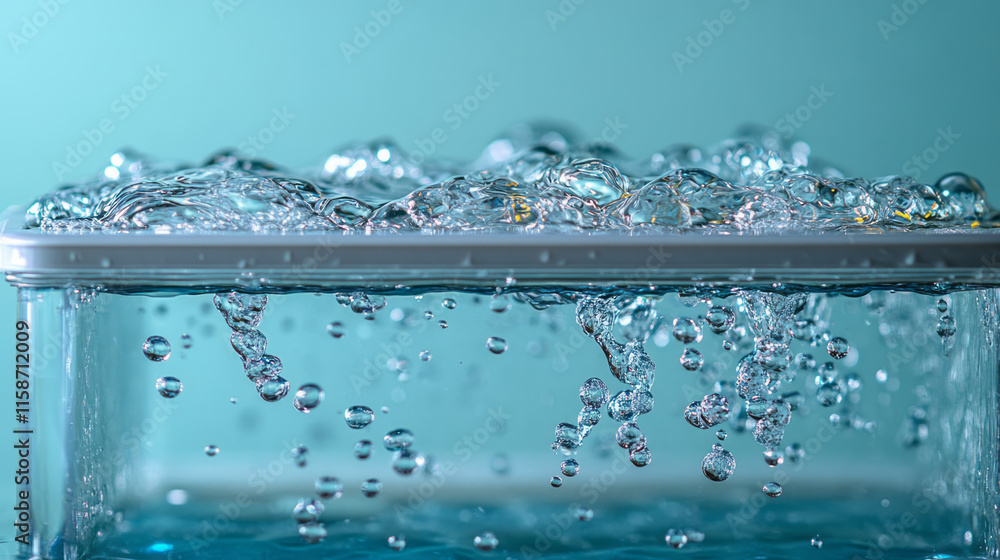 Aufkleber droplets of clean water dripping into a clear container below a filtration unit, captured on a minim