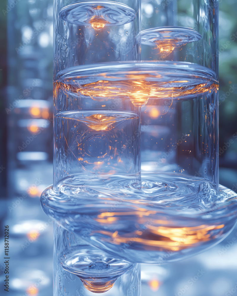 Fototapete a dynamic depiction of water flowing through a futuristic filtration device, with glowing indicators