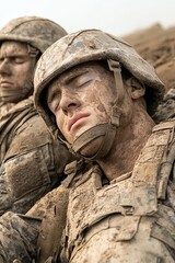 Fototapeta premium Soldiers Resting on the Battlefield After Conflict