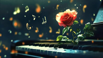 A single red rose sits atop a piano keyboard, surrounded by musical notes and glowing particles.