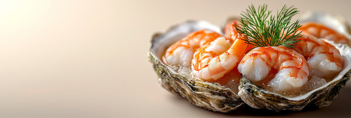 A minimalistic arrangement of a seafood cocktail with oysters and shrimp, topped with a sprig of dill, positioned on a light beige background for a natural and elegant aesthetic,