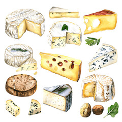 Watercolor different kinds Italian cheeses with cutted pieces, milk dairy product. Delicious food hand-drawn illustration isolated on white background. Perfect for menu, recipe, labe