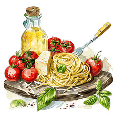Italian pasta with basil, tomatoes and parmesan cheese. Hand drawn watercolor food illustration on white background. Isolated image. Perfectly for menu card, flyers, print design