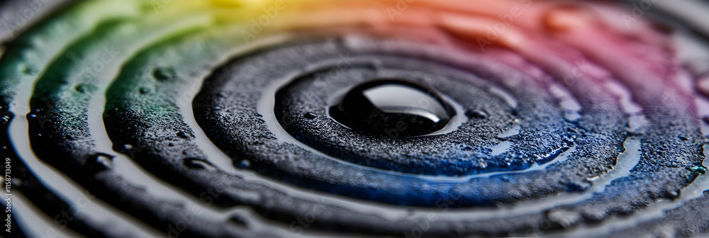 Poster vibrant liquid drop on textured surface, creating colorful rings of abstract art with a mesmerizing 