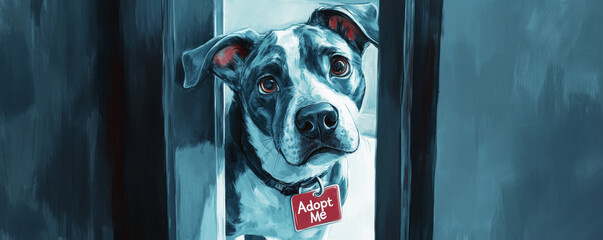 Dog gazing through slightly open door, looking hopeful for adoption. This expressive pet captures essence of longing and desire for loving home