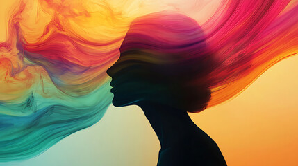 A woman's face is shown with a colorful, swirling background