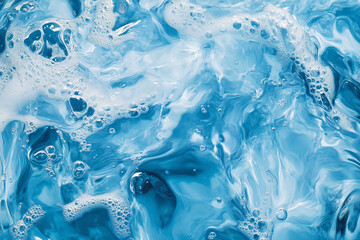 Obraz premium Blue Ripples and Transparent Water Surface with Splashes and Bubbles in Sunlight Reflection Perfect for Skincare and Cosmetic Backgrounds