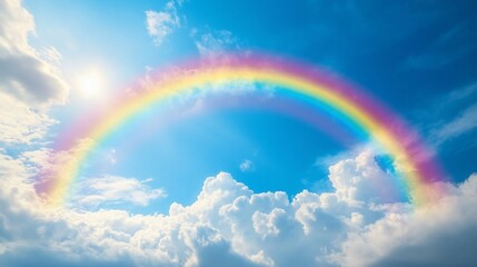 Vibrant rainbow arching across a sunny sky with fluffy white clouds.