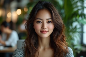 Fototapeta premium A woman with long brown hair and brown eyes is smiling at the camera. Generative AI