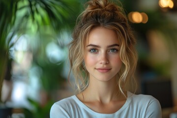 Naklejka premium A woman with blonde hair and blue eyes is smiling at the camera. Generative AI