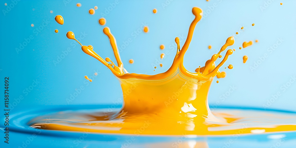 Poster vibrant yellow liquid splashing dynamically, creating a stunning crown of color on a smooth blue sur