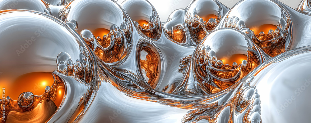 Poster abstract silver and orange liquid metal, fluid forms intertwine, creating a dynamic and visually stu