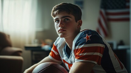 Young american football player resting at home with ball and us flag