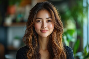 Obraz premium A woman with long brown hair is smiling at the camera. Generative AI
