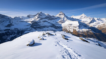 Obraz premium Majestic Snowy Mountain Range, Panoramic View of Alpine Peaks Under a Clear Blue Sky