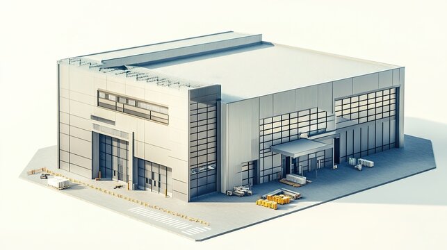 isometric a robust steel warehouse structure under construction, showcasing its durability and industrial appeal