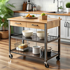 A kitchen cart with black wheels is shown, featuring a sleek design and functional storage space. The cart is isolated on a simple background, highlighting its modern style and practical features.