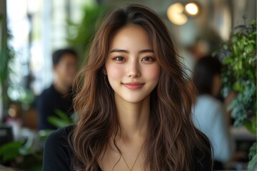 A woman with long brown hair and a necklace is smiling at the camera. Generative AI