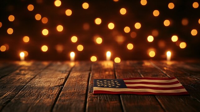 American flag celebrating independence day on wooden table with candlelight bokeh background - Powered by Adobe