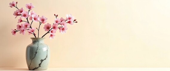 Minimalist, elegant design banner for springtime. Tall and narrow vase with random color marble pattern and cherry blossoms isolated on a side of banner with light beige color pastel background. 